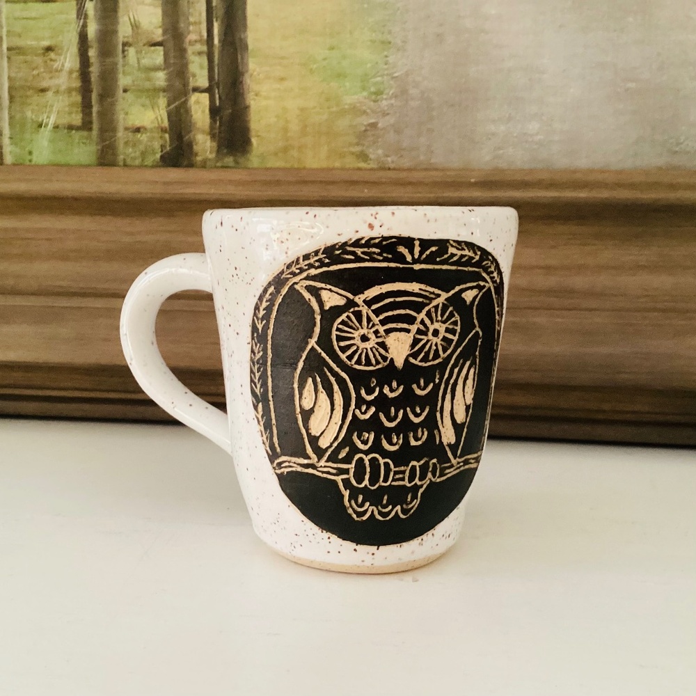 Studio Pottery Owl Mug Cream Speckled Glaze Etched Owl Design 12 Oz Handcrafted